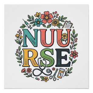 Póster Diseño de camisa de enfermera floral Arte médico v