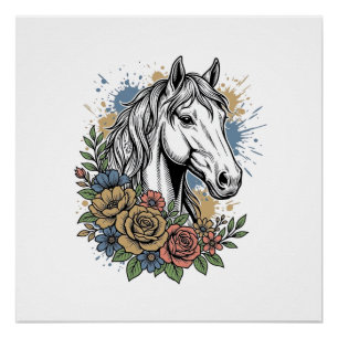 Póster Diseño de camiseta vectorial floral de caballo gra