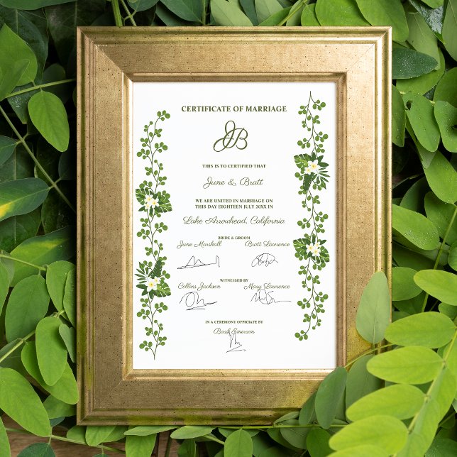 Póster Diseño de certificado de matrimonio con hojas trop (Subido por el creador)