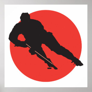 Póster diseño de círculo rojo de silueta de hockey sobre 