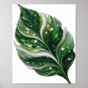 Póster Diseño de cita GREEN LEAF WITH STARS plateado llam