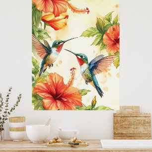 Póster Diseño de colibrí acuarela y flores