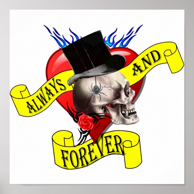 Póster Diseño de cráneo romántico y tatuajes cardíacos (Frente)