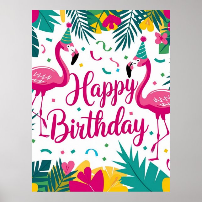 Póster Diseño de cumpleaños de Fun Flamingo Tropical (Frente)