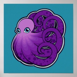 Póster Diseño de dibujo con tinta de pulpo cuadrado púrpu