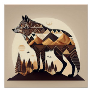 Póster Diseño de escena de montaña de lobo geométrico