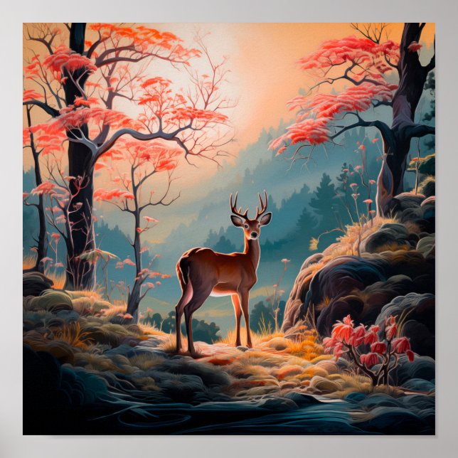 Póster Diseño de escena forestal encantadora de ciervos d (Frente)