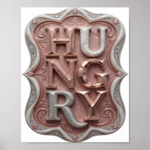 Póster Diseño de eslogan plateado artístico HUNGRY