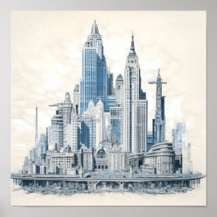 Póster Diseño de estilo de huella azul de una ciudad