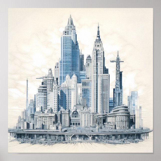 Póster Diseño de estilo de huella azul de una ciudad (Frente)