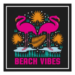 Póster Diseño de Flamencos Rosas Beach Vibes