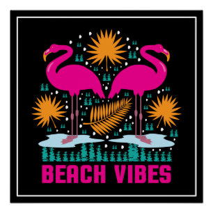 Póster Diseño de Flamencos Rosas Beach Vibes
