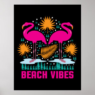 Póster Diseño de Flamencos Rosas Beach Vibes