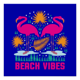Póster Diseño de Flamencos Rosas Beach Vibes