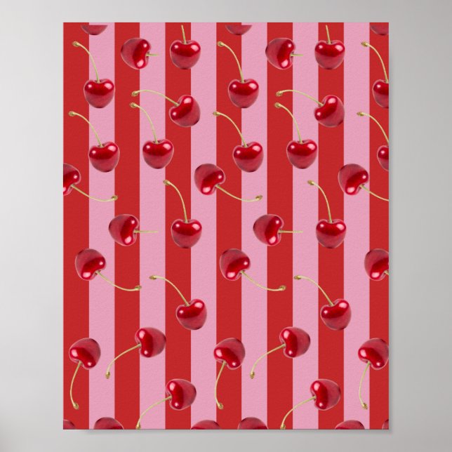 Póster Diseño de franja roja y rosa con cerezas (Frente)
