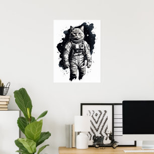 Póster Diseño de gato astronauta con tinta negra