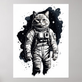Póster Diseño de gato astronauta con tinta negra