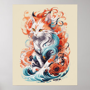 Póster Diseño de gato lindo en estilo neo tradicional