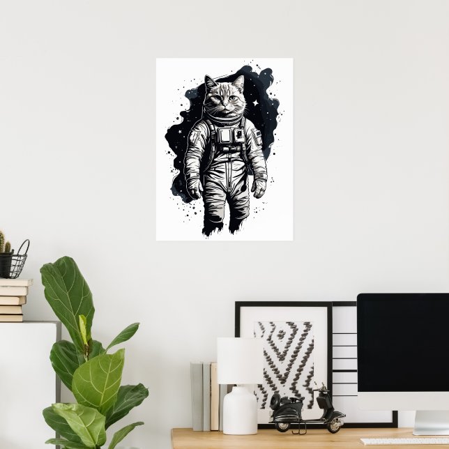 Póster Diseño de gato para astronautas de tinta negra (Oficina en casa)