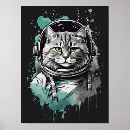 Póster Diseño de gato para astronautas verdes negros