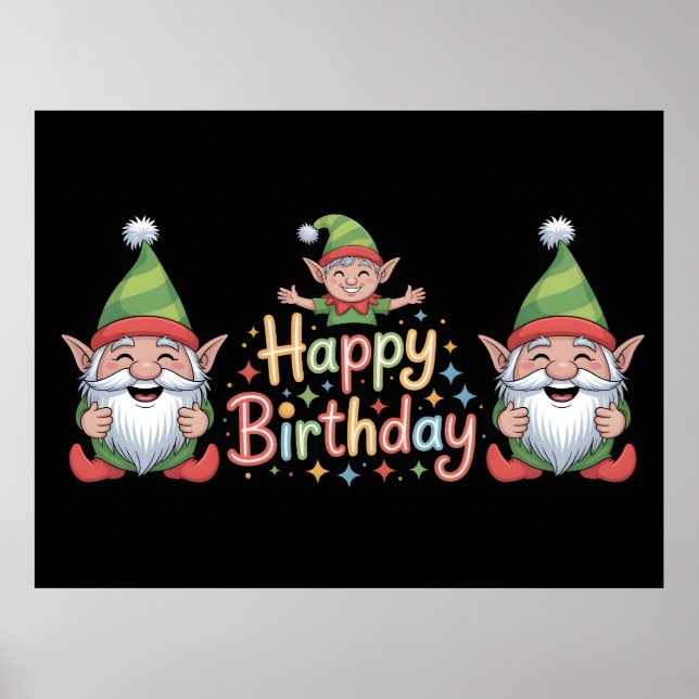 Póster Diseño de Gnome y Elfo de Cumpleaños Feliz (Frente)