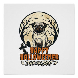 Póster Diseño de grabado vintage de Pug Halloween Truco o