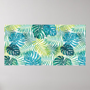 Póster Diseño de hojas tropicales con palma verde/azul y