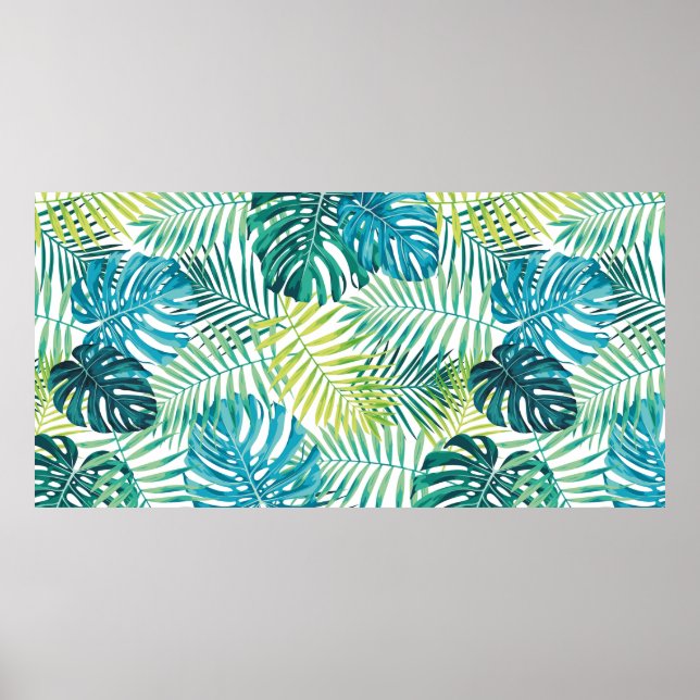 Póster Diseño de hojas tropicales con palma verde/azul y (Frente)