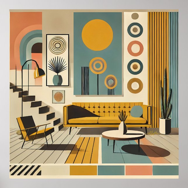 Póster Diseño de interiores de mediados de siglo Sala de  (Frente)