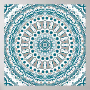 Póster Diseño de Mandala Radiante en Verde Azul y Crema