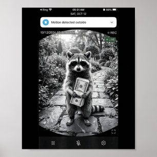Póster Diseño de meme de cámara de puerta Raccoon Cash
