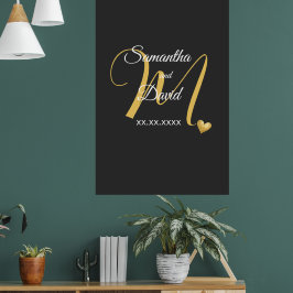 Póster Diseño de Monograma de Boda con Nombres y Fecha