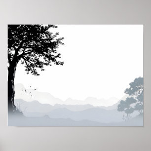 Póster diseño de paisaje de estilo japonés en blanco y ne