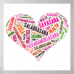 Póster Diseño de palabras de forma de corazón de yoga
