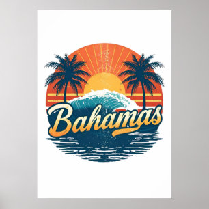 Póster Diseño de palmeras al atardecer retro de Bahamas