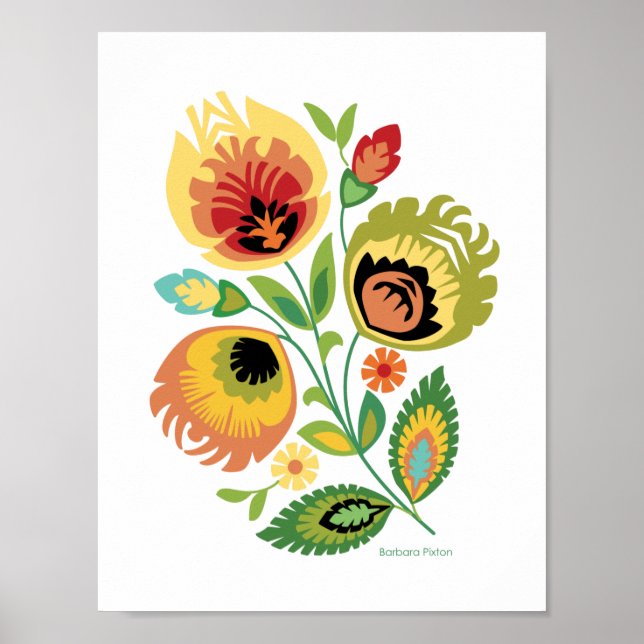 Póster Diseño de papel amarillo brillante floral polaco (Frente)