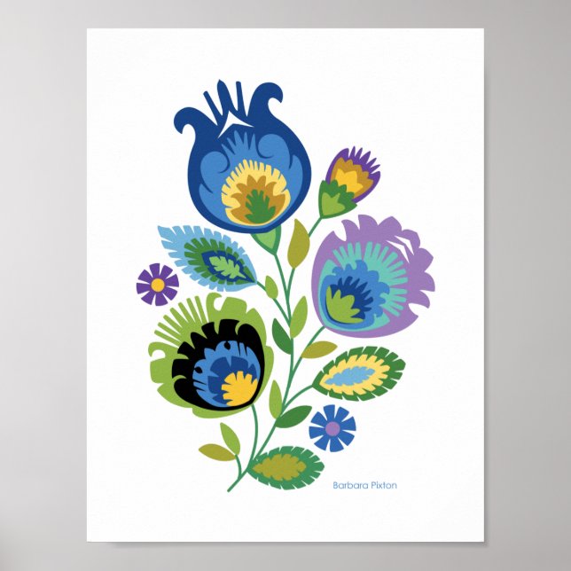 Póster Diseño de papel azul oscuro floral polaco (Frente)