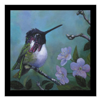 Póster Diseño de pared de colibrí lindo rama de flores az