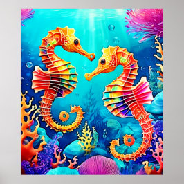 Póster Diseño de pares de caballitos de mar coloridos