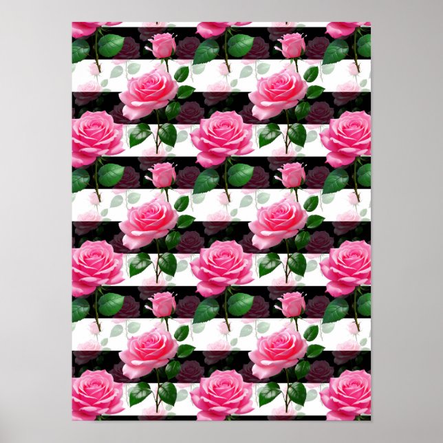 Póster Diseño de patrón de flor Rosa de fondo a rayas (Frente)