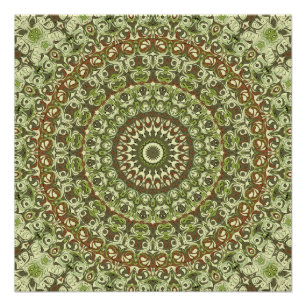 Póster Diseño de patrón de mandala verde terroso y marrón