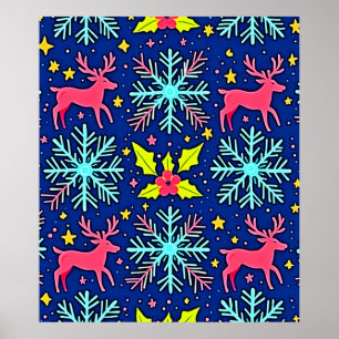 Póster Diseño de patrón de reno de Navidad azul fresco