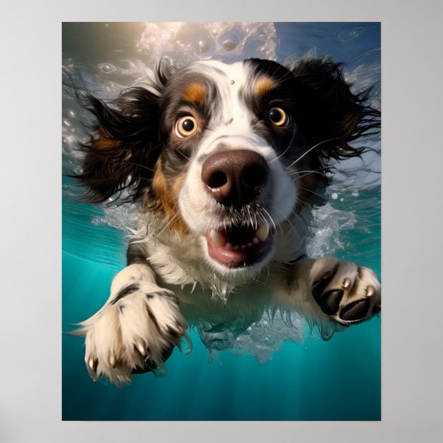 Póster Diseño de Perro Emocionado Nadando Subacuático (Frente)