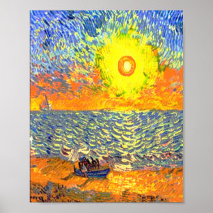 Póster Diseño De Pintura De Amanecer De La Playa Vintage 