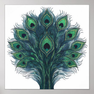 Póster Diseño de pluma de pavo real de alto contraste sin
