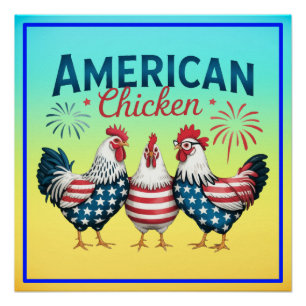 Póster Diseño de pollo americano patriótico del 4 de juli