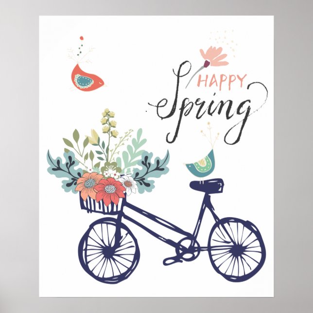 Póster Diseño de primavera feliz: bicicleta, flores y ave (Frente)