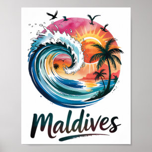 Póster Diseño de puesta de sol tropical y surf de Maldiva