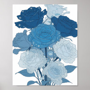 Póster Diseño de ROSAS AZULES plateadas con filo