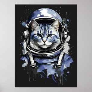 Póster Diseño de salpicaduras de gato de astronauta azul